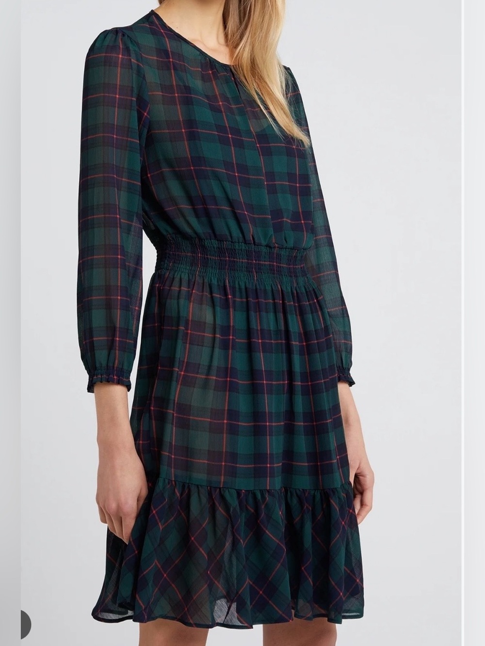Worn once! J. Crew Dark Green Plaid Long-Sleeve Smocked Waist Dress